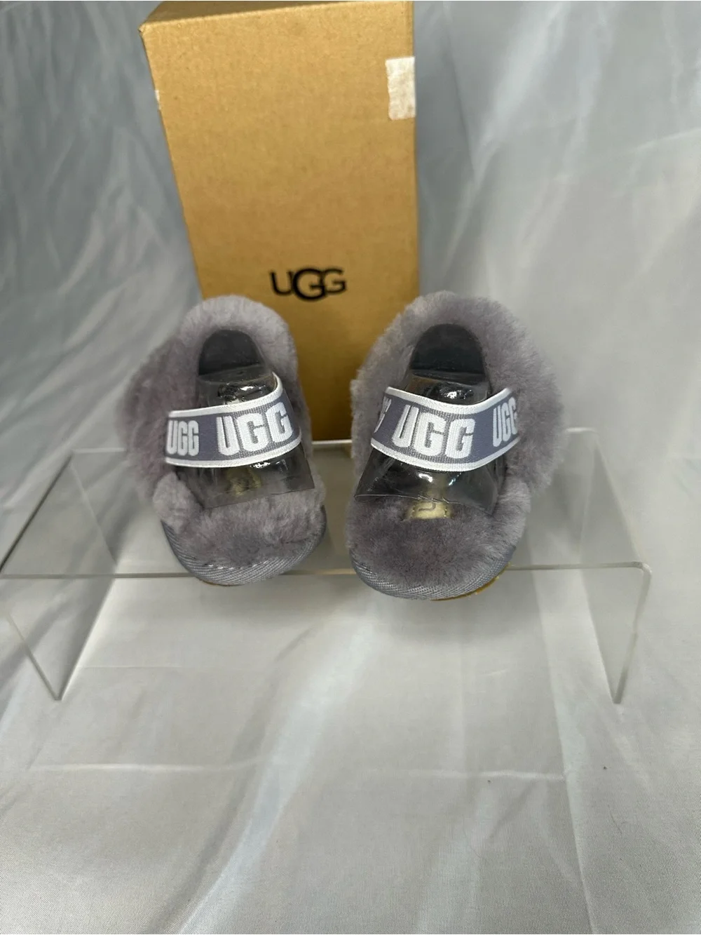 UGG kids  Grey Fluffy Slide Sandals with Back Strap